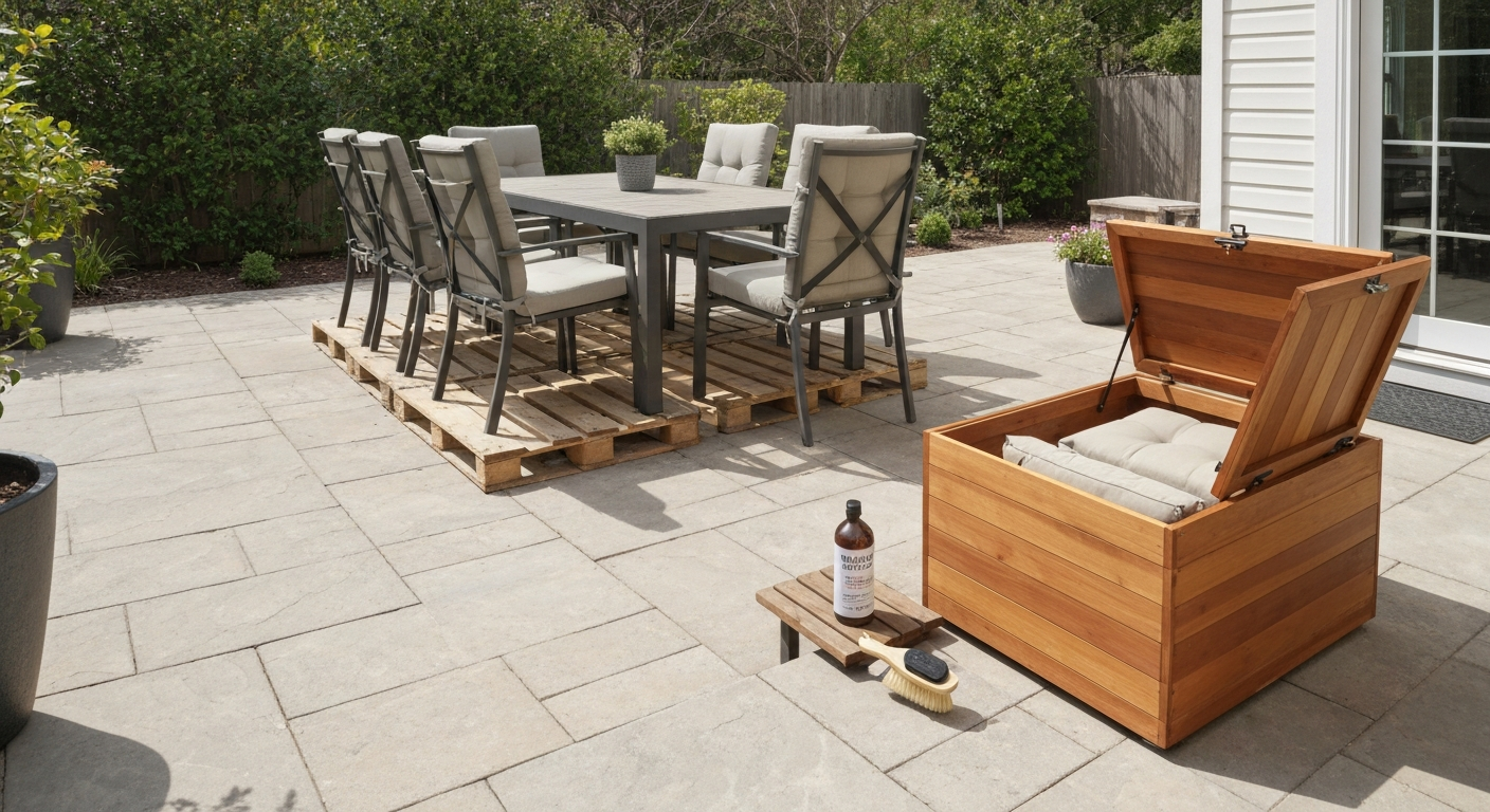 Backyard patio with furniture elevated on pallets, breathable covers, and cushions stored in a ventilated cedar deck box.