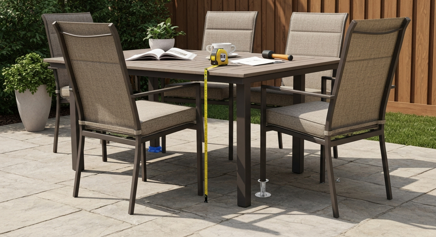 Patio dining set showing a chair with cushion, a chair on risers, and a chair with a leveling foot; measuring tape and tools nearby.