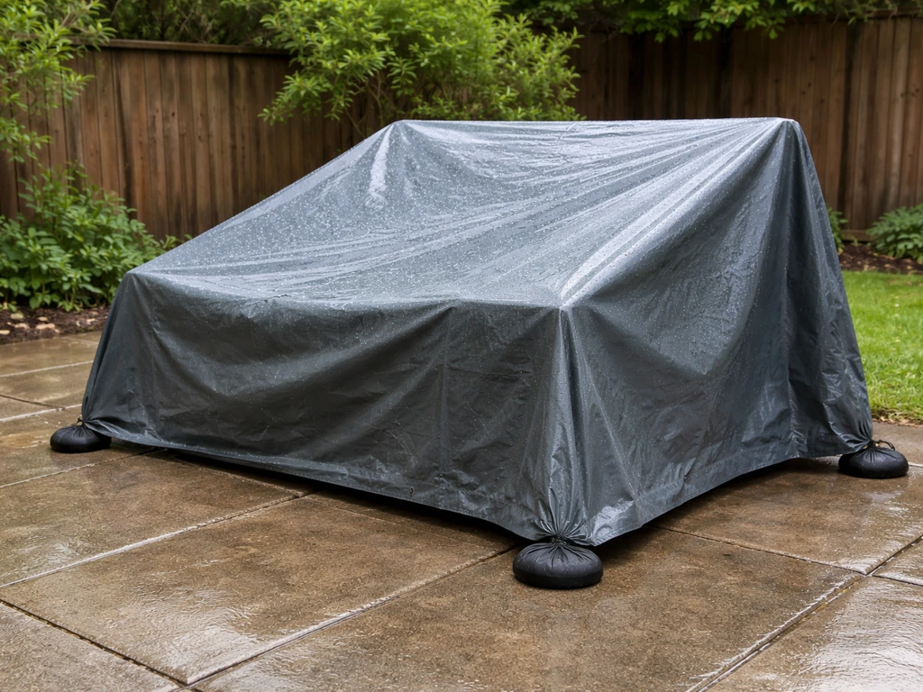 Patio chair and side table under a properly sloped, secured tarp that sheds water.