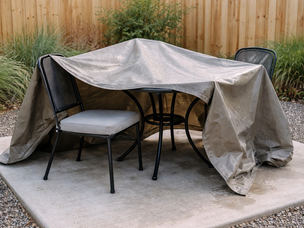 Patio set under a partially pulled tarp, with uncovered cushions showing possible breathability failure.