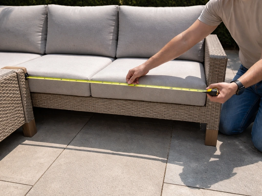Person measuring patio furniture width with a tape measure at the armrests on a sunny day
