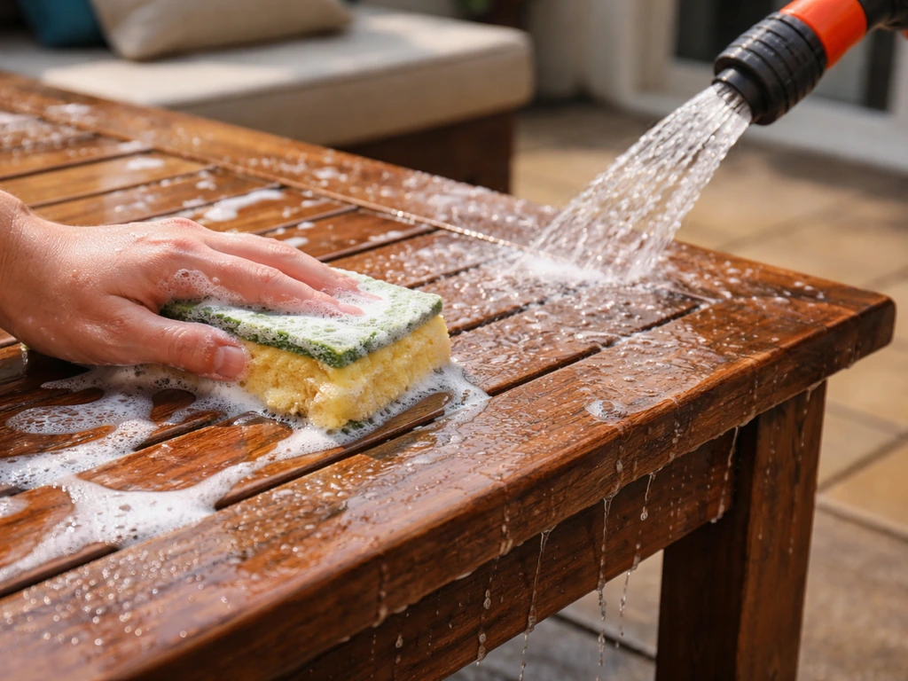 Hand wiping a patio table with a soapy sponge, rinsed with a garden hose before covering.