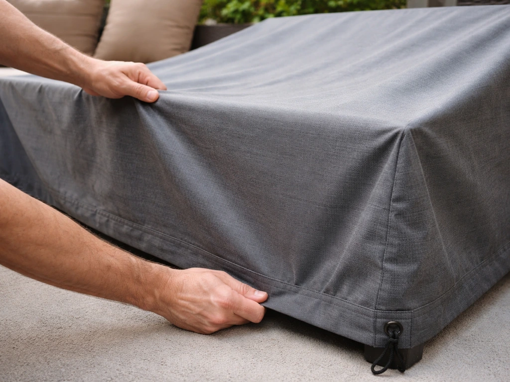 Hands tensioning and anchoring a sloped tarp over patio furniture with the bottom edge sealed.