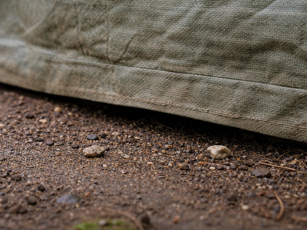 Ground-level view of a tarp base with a small airflow gap letting moisture escape
