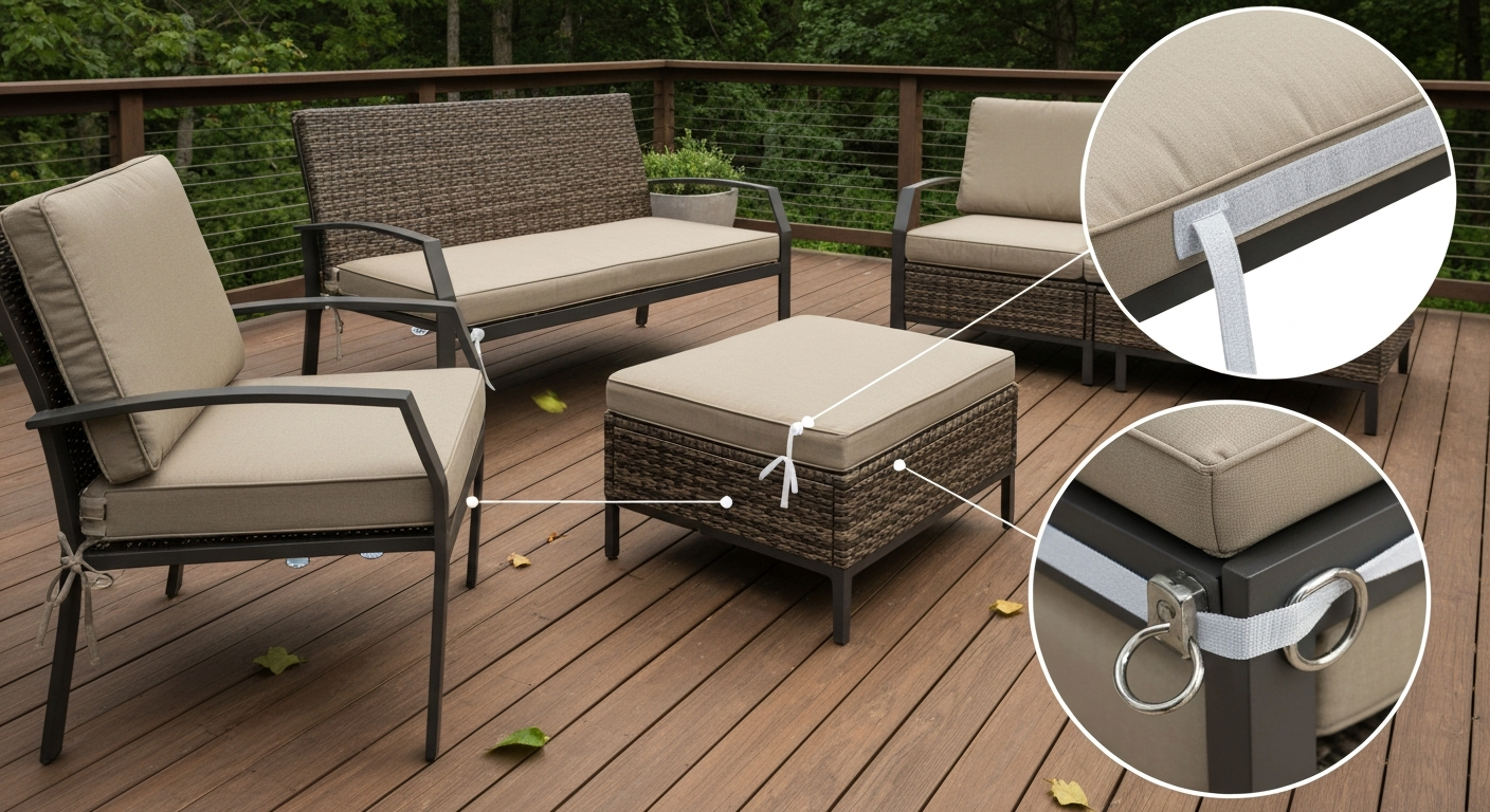 Outdoor patio with cushions secured by anti-slip pads, sewn-on Velcro strips, and polyester tie straps with D-rings; inset close-ups showing Velcro stitching and D-ring anchor.