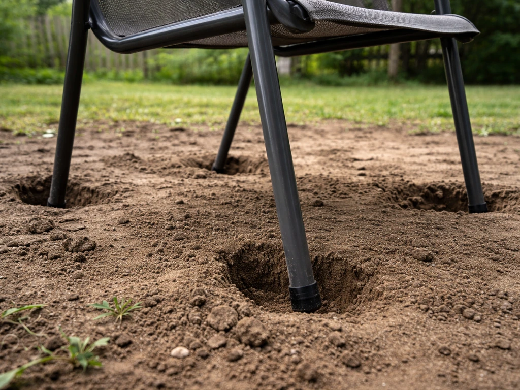 Patio chair legs sinking into soft soil with visible impressions around the yard