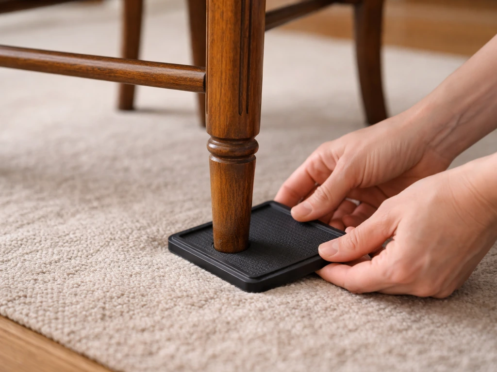 Hands slide a wide rubber coaster under a chair leg to prevent sinking into a rug.