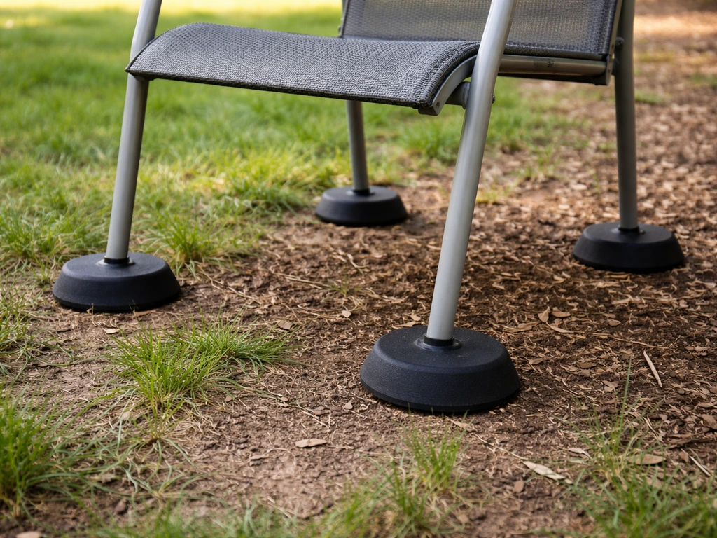 Outdoor chair legs on large rubber furniture pads placed directly on grass and mulch.