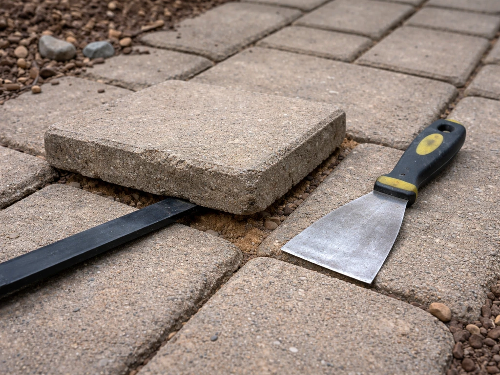 Flat bar prying up a slightly sunken walkway paver to inspect the bedding base beneath.