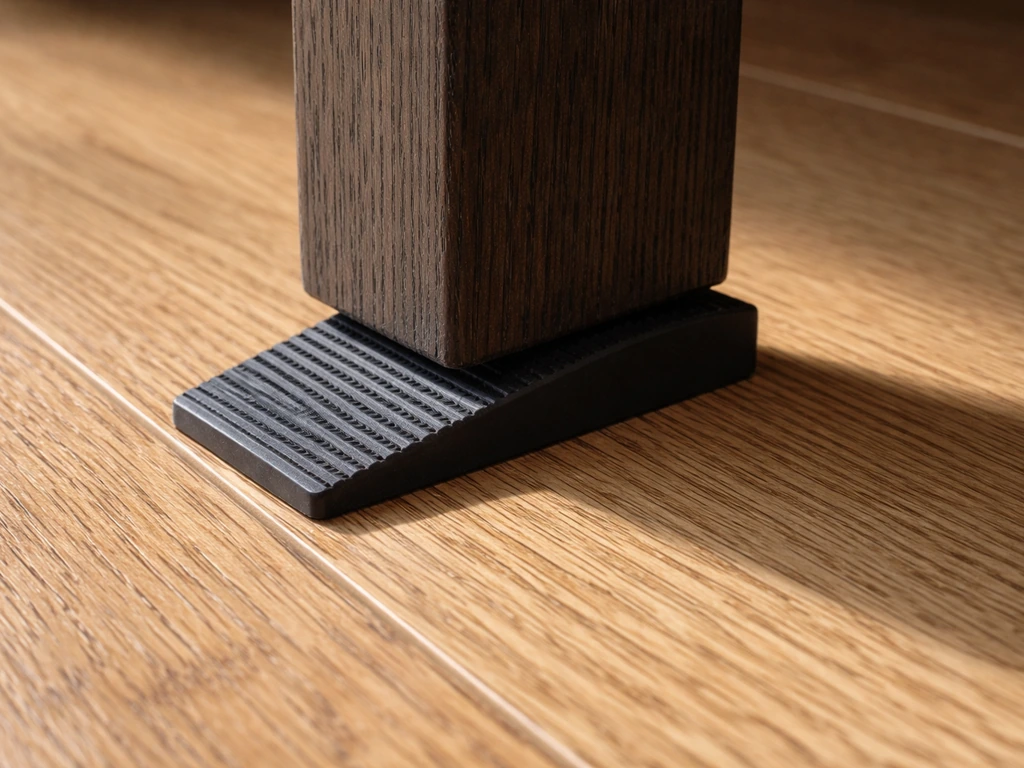 Rubber leveling wedge shim placed under a short furniture leg to stop wobbling on a wooden floor