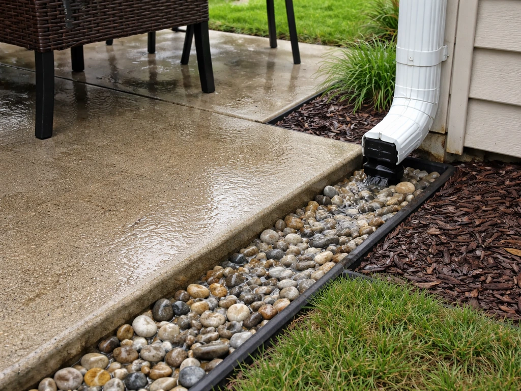 Patio area with a downspout pipe directing rainwater away from sinking furniture area