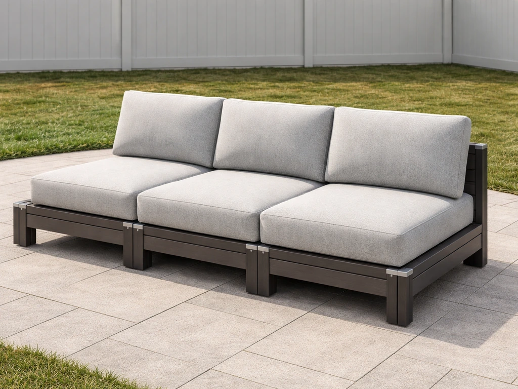 Modular outdoor sectional patio couch with visible weatherproof joints and connected sections.