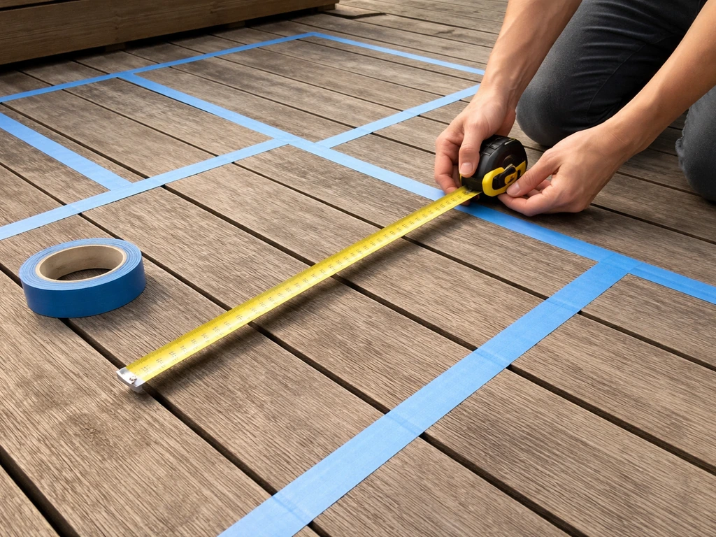 Anonymous hands measure a deck with a tape measure while painter’s tape outlines a sectional layout.