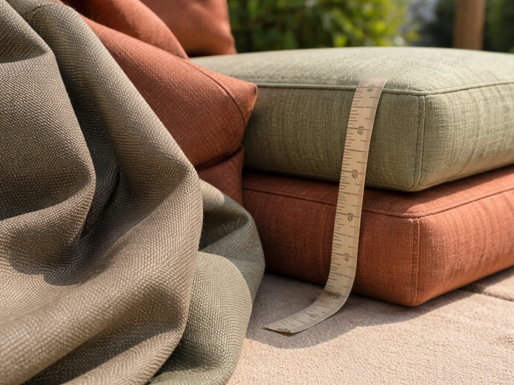 Close-up of outdoor cushion fabric with a layered pad stack and measuring tape showing 4–5 inch thickness.