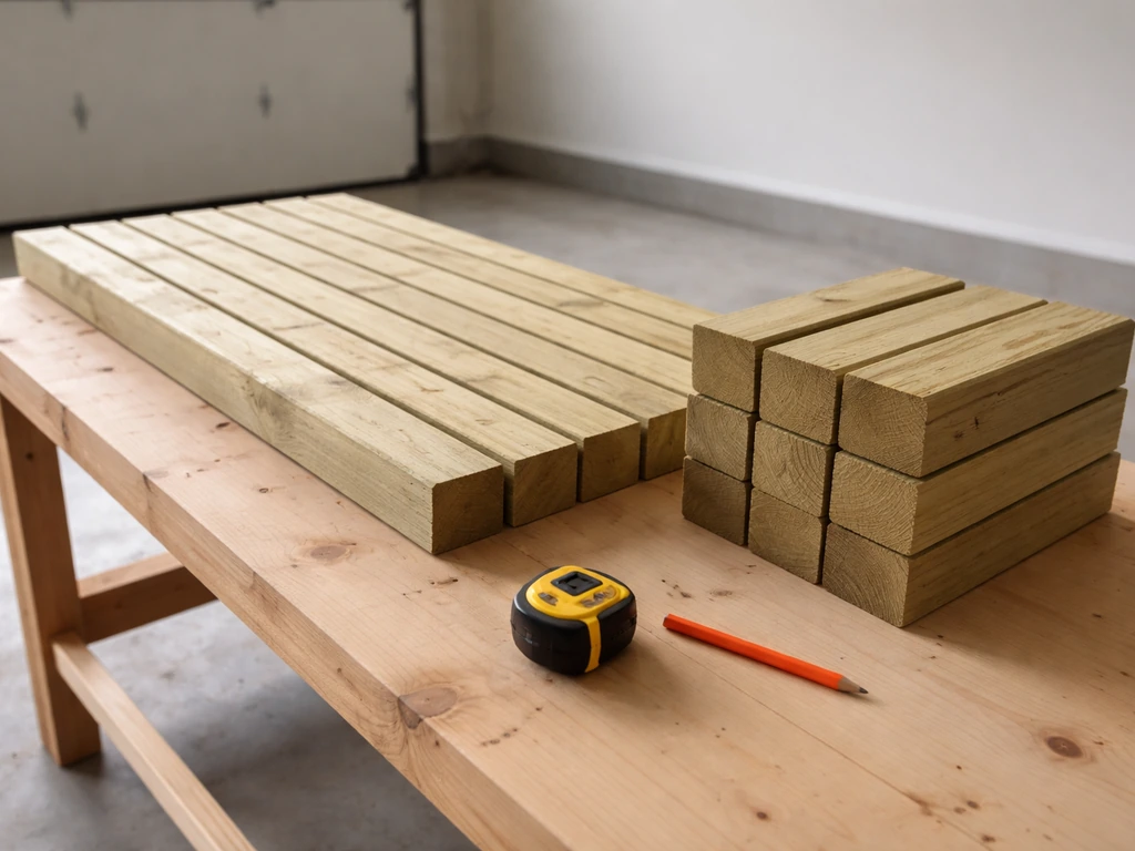 Cut lengths of 2x4 and 4x4 lumber laid out on a simple workbench for a modular frame build
