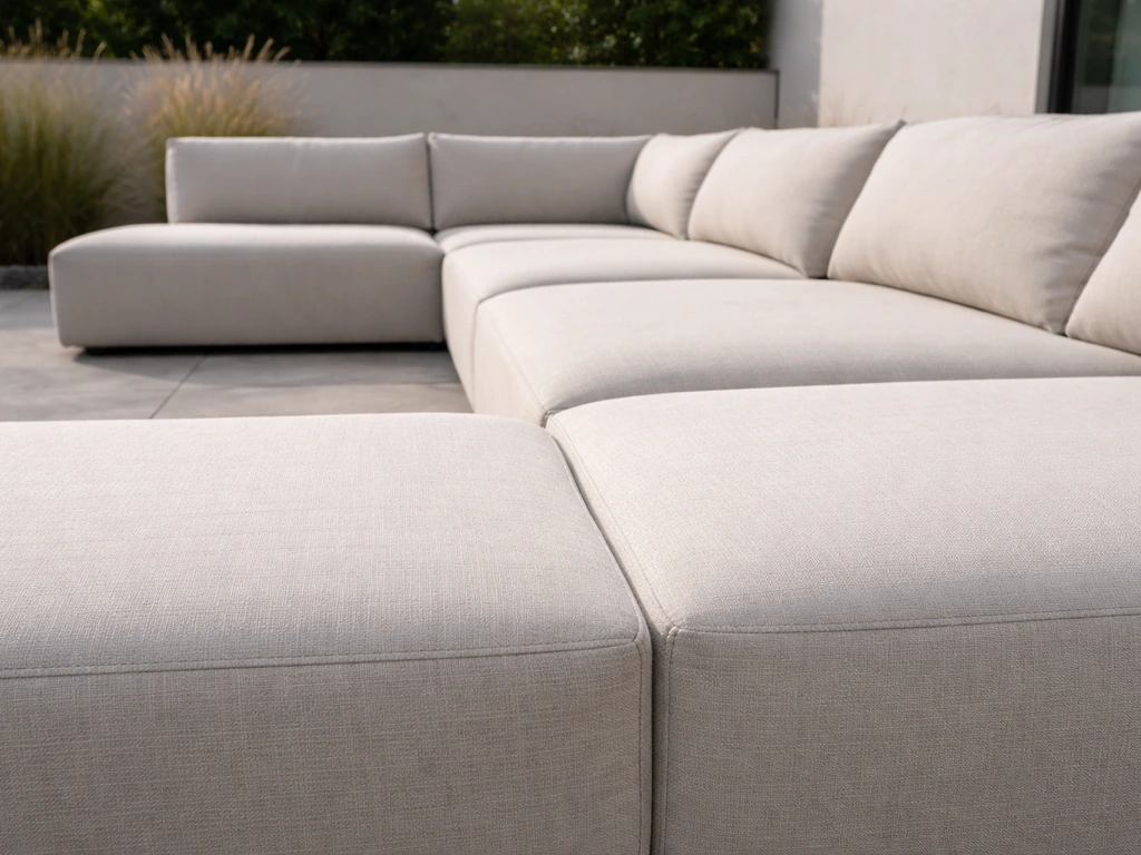 Aligned modular sectional sofa modules connected on a patio surface in natural daylight