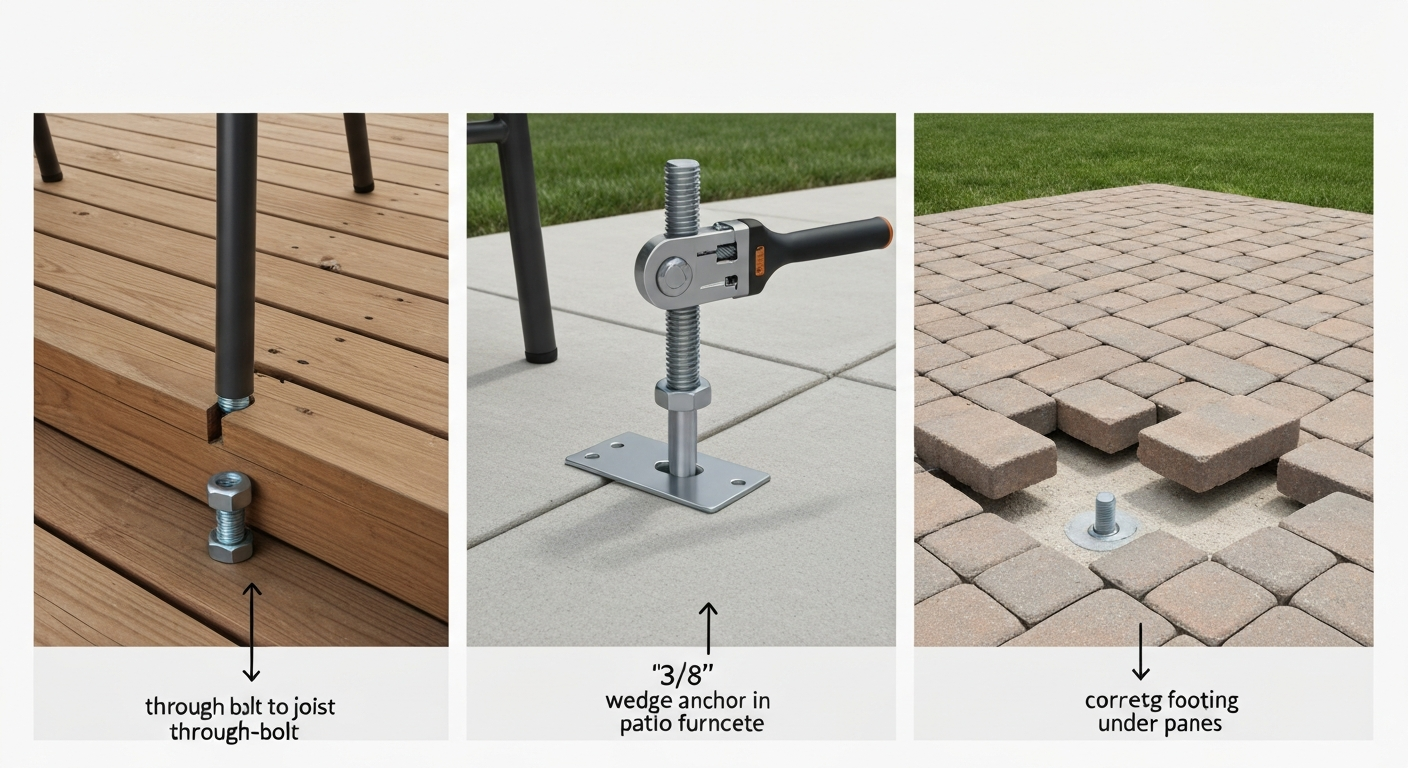 Triptych illustration showing (left) a through-bolt anchoring a chair leg to a wood deck joist, (center) a wedge anchor being tightened in a concrete patio, and (right) a removed paver revealing a concrete footing with an embedded anchor.