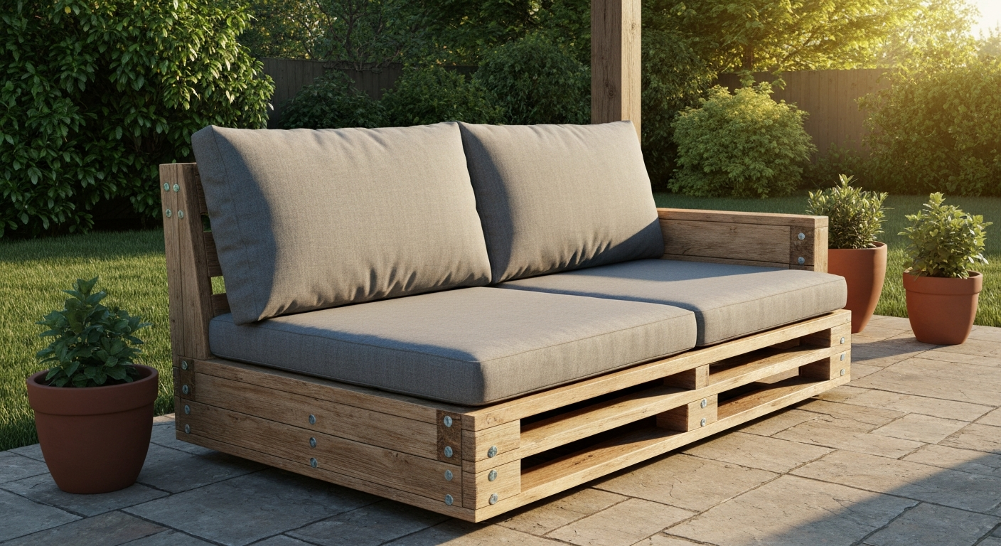 Converted indoor couch turned patio sofa with sealed wood frame, stainless bolts, and weatherproof cushions on a sunny backyard patio.