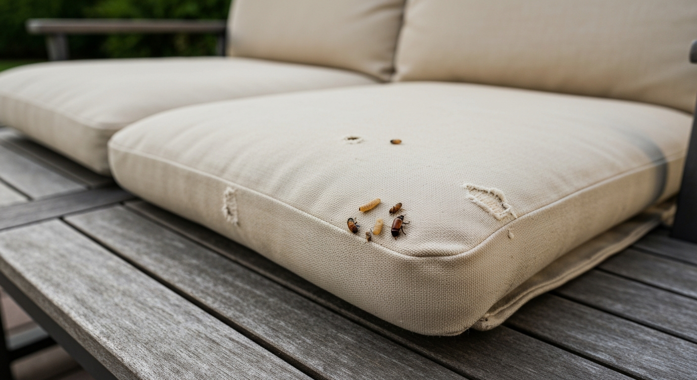 Close-up of a patio cushion with holes and small carpet beetle larvae and shed skins along a seam, set on a patio loveseat in natural light.