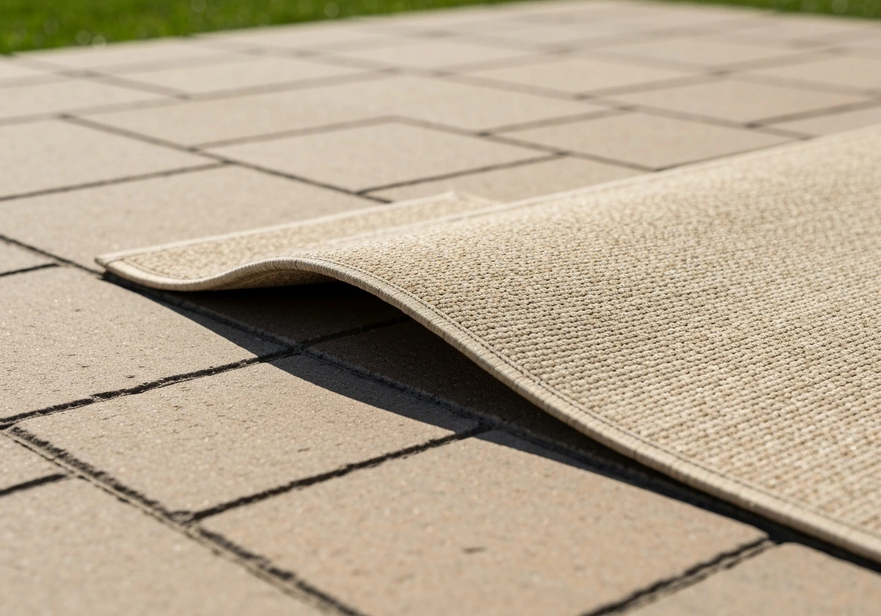 Close-up of a patio rug corner lifted by wind on pavers, with anti-slip pad gripping beneath.