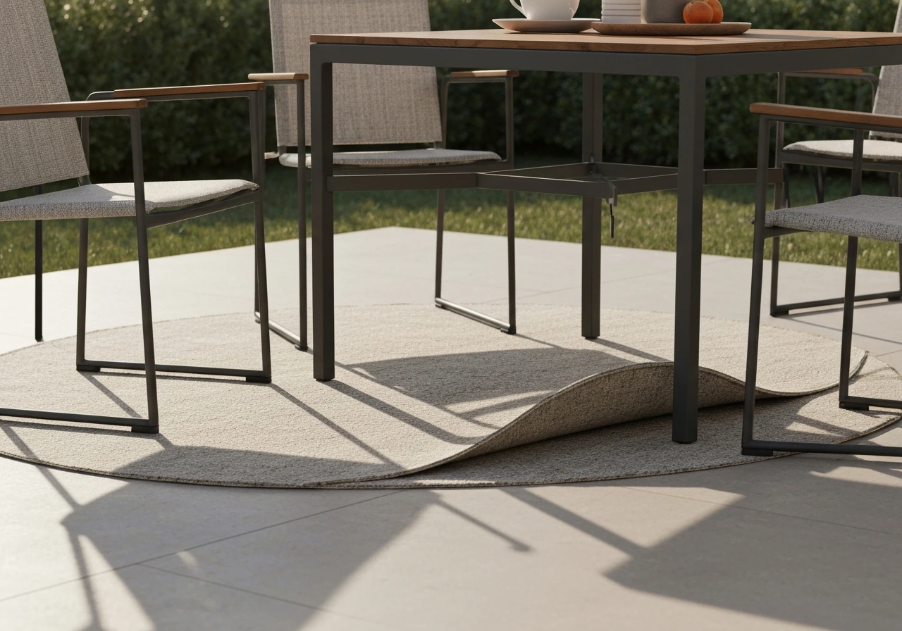 Outdoor dining table and chairs press down the rug edges so it won’t lift.