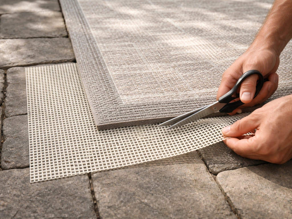 Open-weave outdoor rug pad being cut and aligned under the edges on a patio paver floor