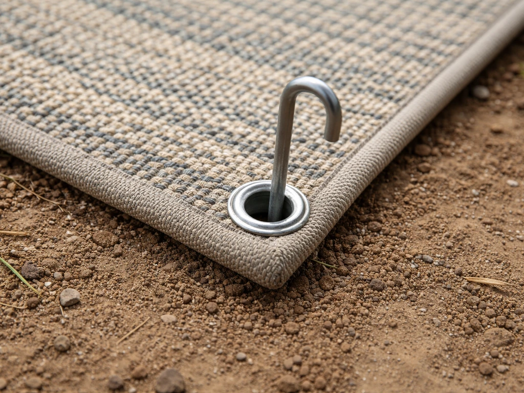 Outdoor rug corner with metal grommets and a ground stake pushed through into soil