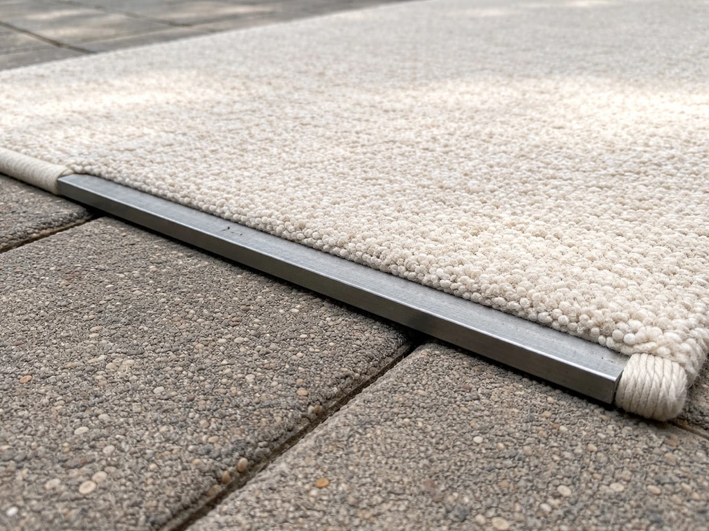 Metal bar stock slid under the rug’s edge on concrete pavers, ends flush with the border.