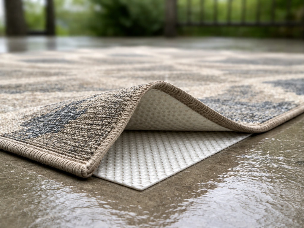 Outdoor rug corner after rain, pad gripped with edges lying flat on a patio.