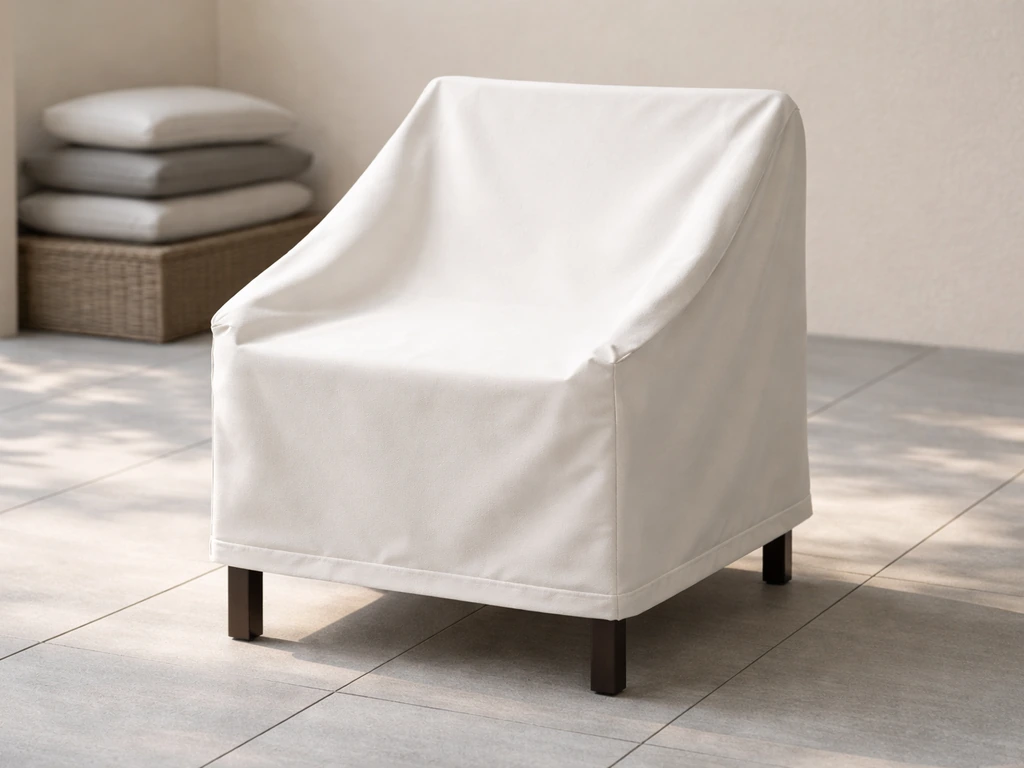 Clean, fully dry patio furniture cover folded neatly on a chair in a dry storage area