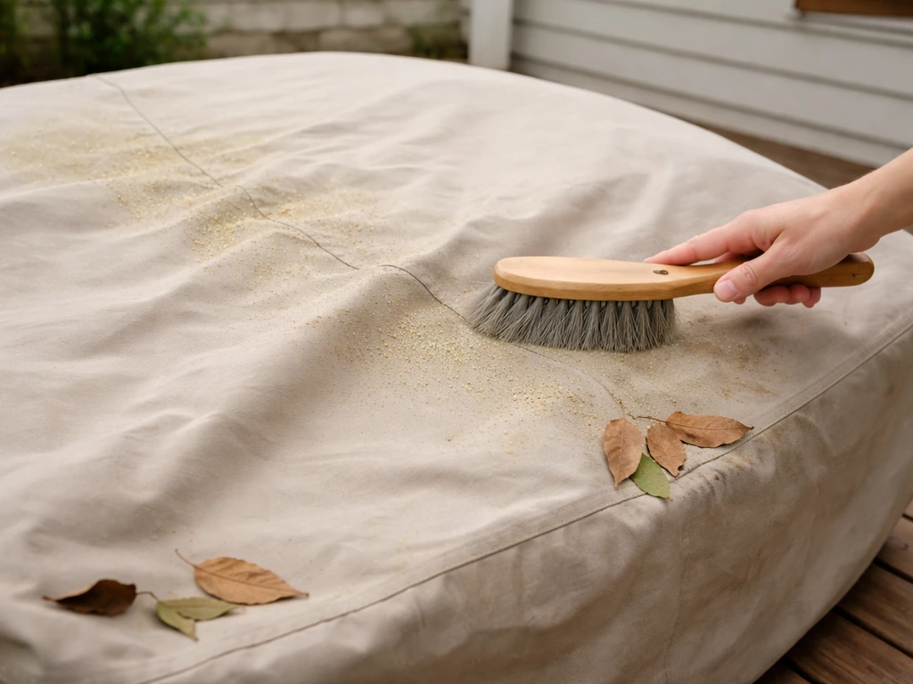 Patio furniture cover being shaken and brushed outdoors to remove leaves and pollen.