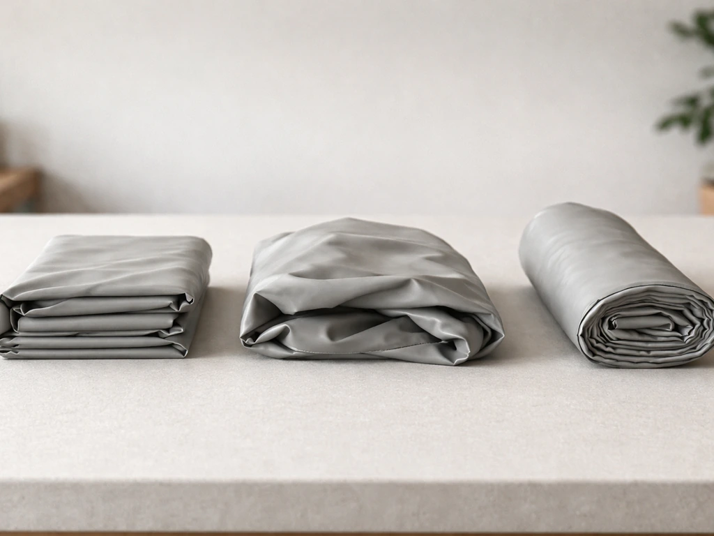 Three waterproof cover storage states: tight fold, loose fold, and a rolled cover on a table.