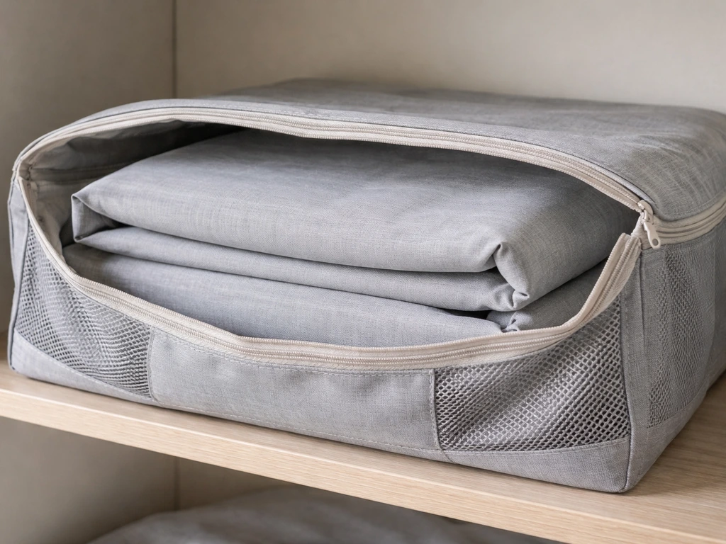 Neatly folded breathable fabric cover placed inside a ventilated fabric storage bag.