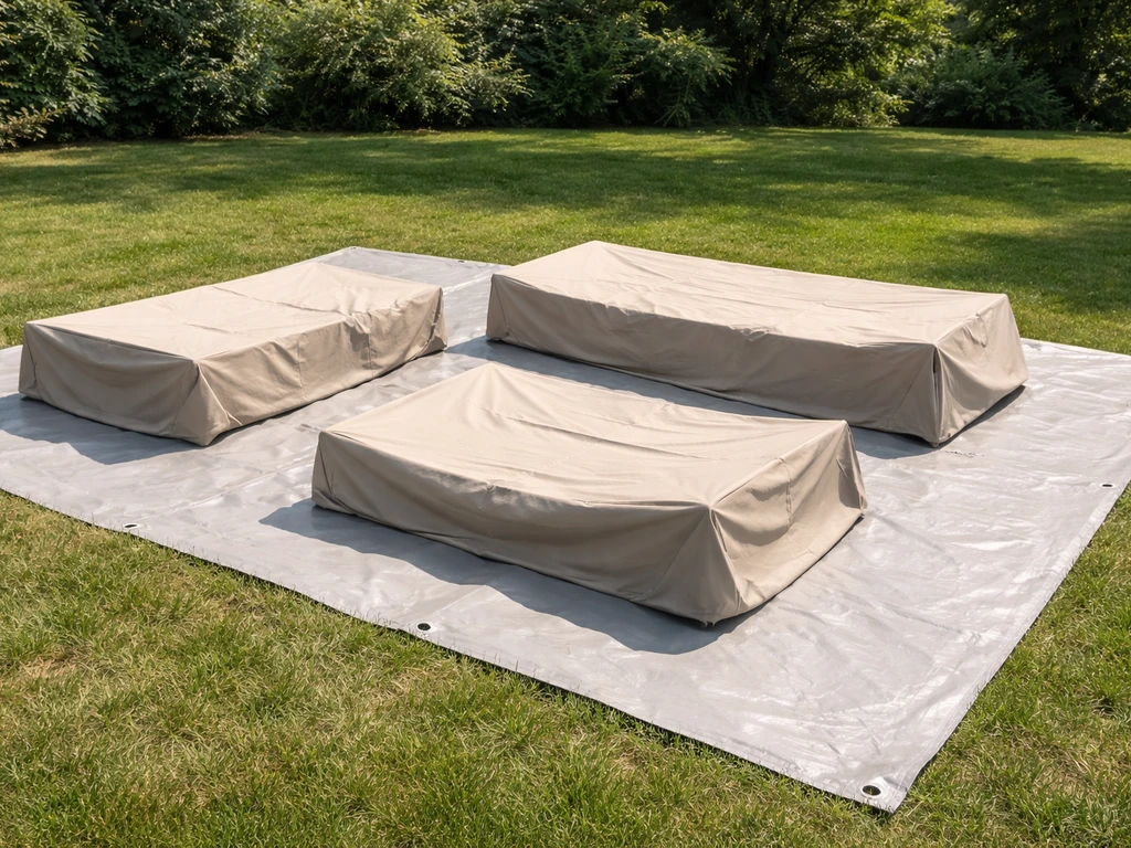 Patio furniture covers laid flat on a clean tarp outdoors, drying fully to prevent mildew and odors