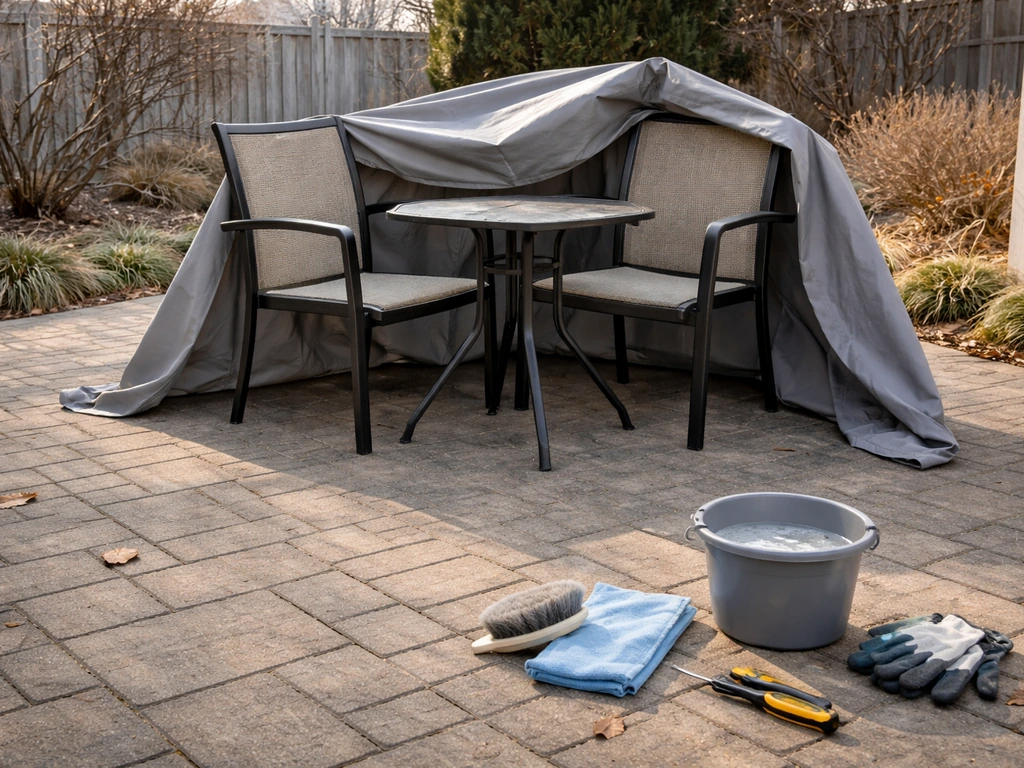 Patio furniture set with cleaning supplies, a partially placed cover, and hand tools ready for winter storage.