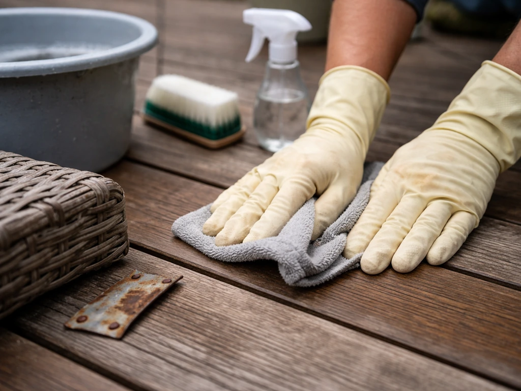 Close-up of patio cleaning tools beside a rag as hands check wood grain and rust spots on nearby metal.