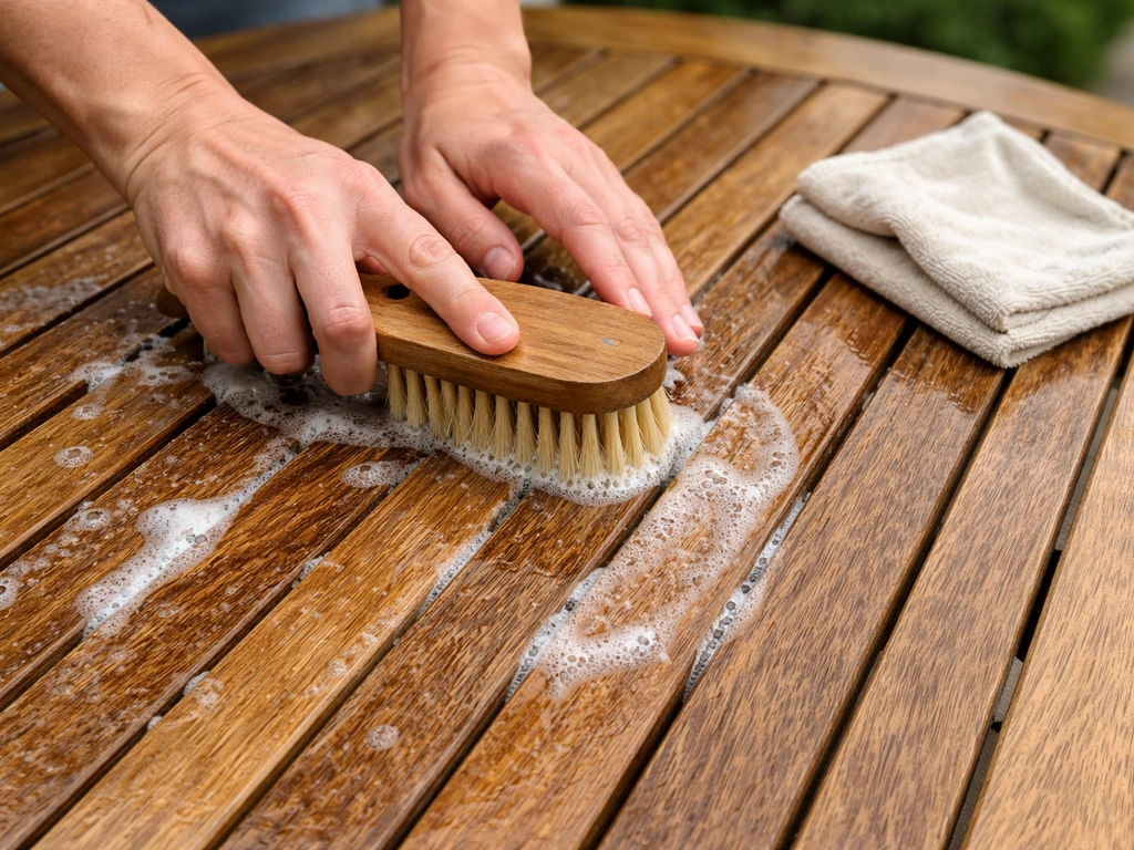Hands using a soft brush to scrub teak wood slats with soapy water, then rinsing and drying.