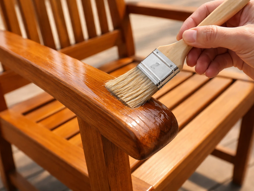 Hand brushing teak oil onto a wooden chair as the glossy finish soaks into the grain.