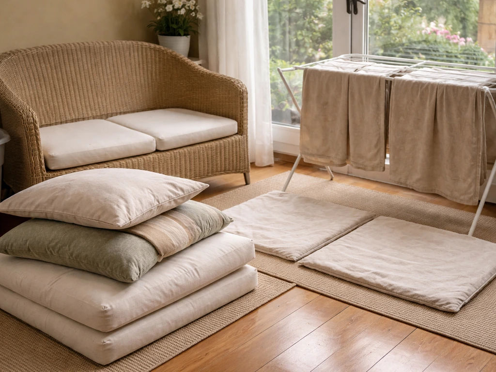 Outdoor chair with cushions removed, fabric covers laid out to dry in natural window light.