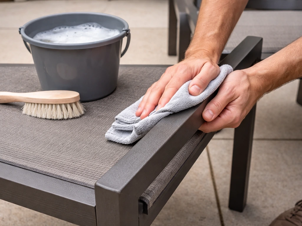 Hands wiping patio furniture with soapy water and a soft-bristle brush nearby, preparing for storage.