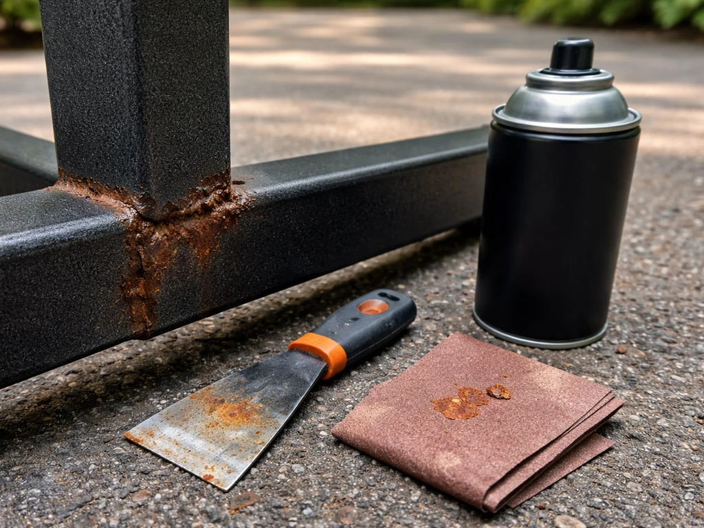 Close-up of a rusty weld on a metal frame with sandpaper and rust-inhibiting spray paint nearby.