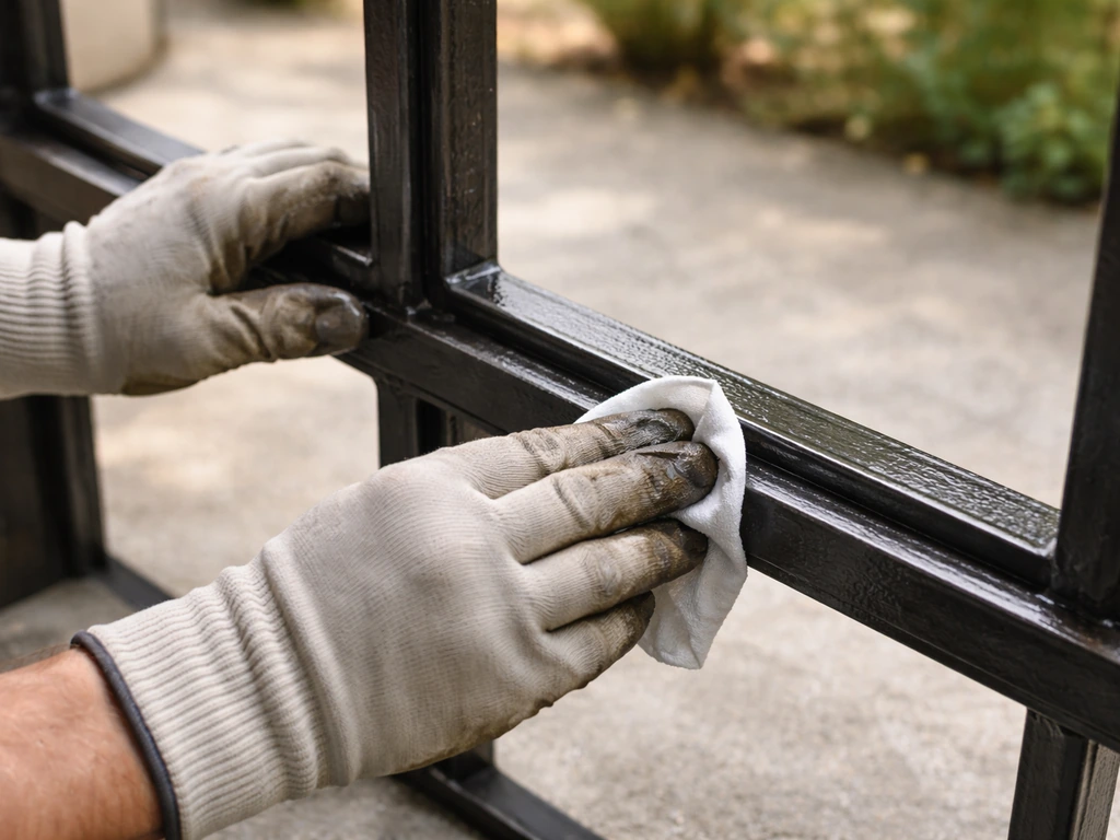 Hands applying a thin protective oil coat to a rust-free wrought iron/steel frame outdoors