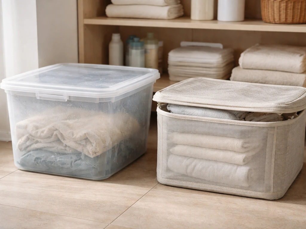 Condensation on a sealed plastic storage tote beside a breathable fabric storage bin with dry contents.