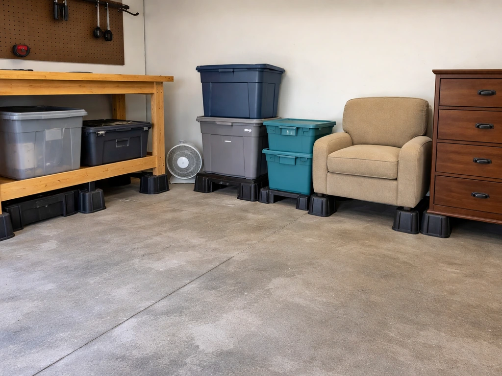 Garage storage setup with furniture lifted on risers and a fan for airflow over a clean concrete floor.