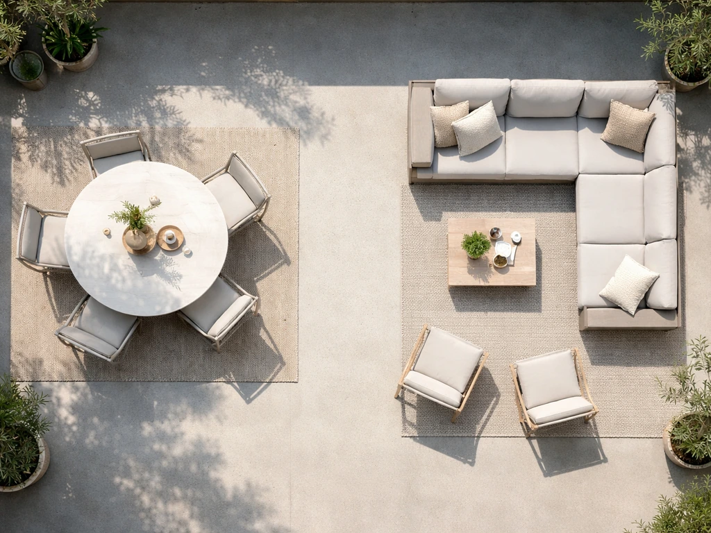 Top-down view showing a dining patio zone with a table and chairs versus a lounging zone with a sectional.