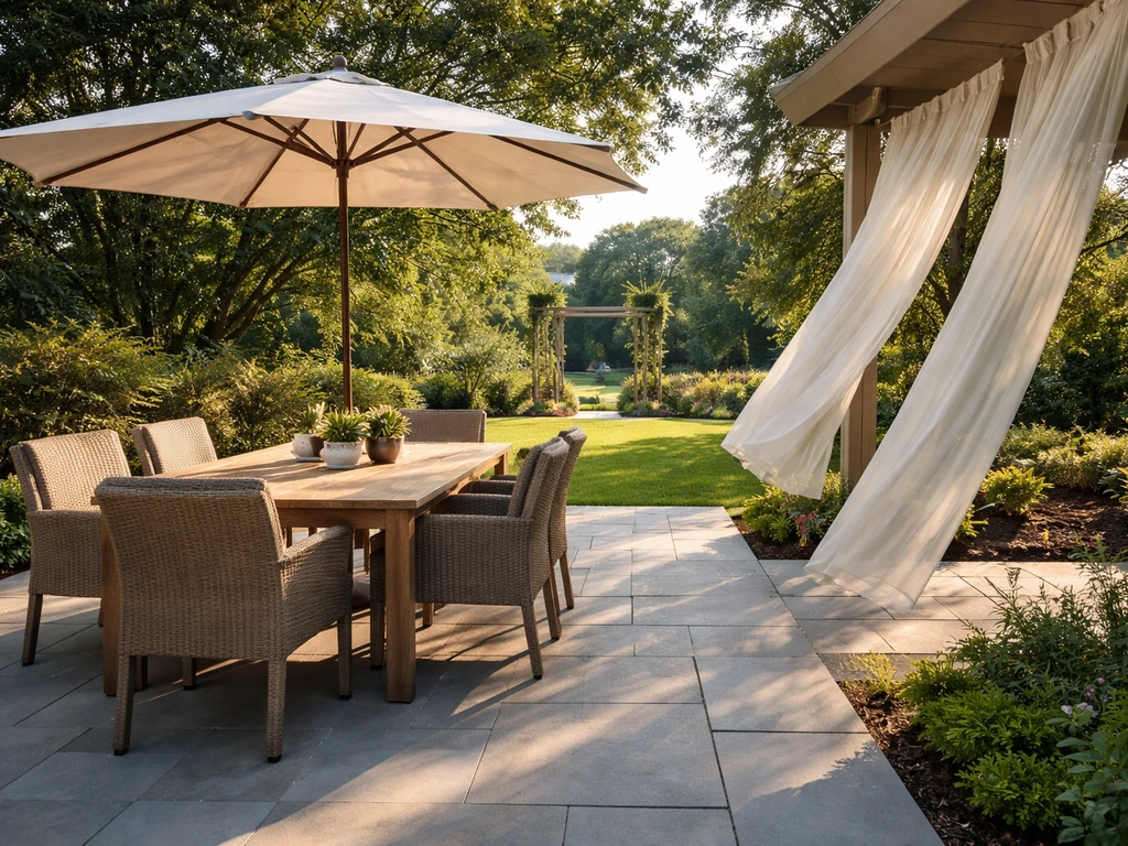 Minimal patio dining area with furniture oriented toward shade and views, showing sunlit and breezy angles.