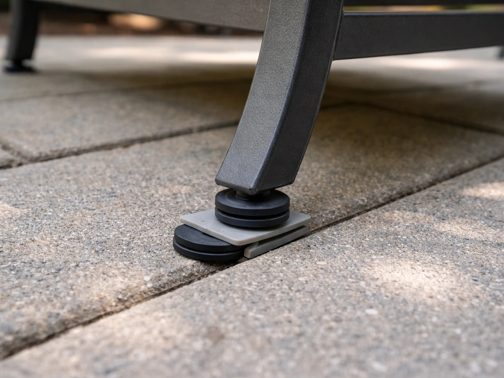 Close-up of a patio chair/table base being leveled on a slightly sloped concrete paver with shims.