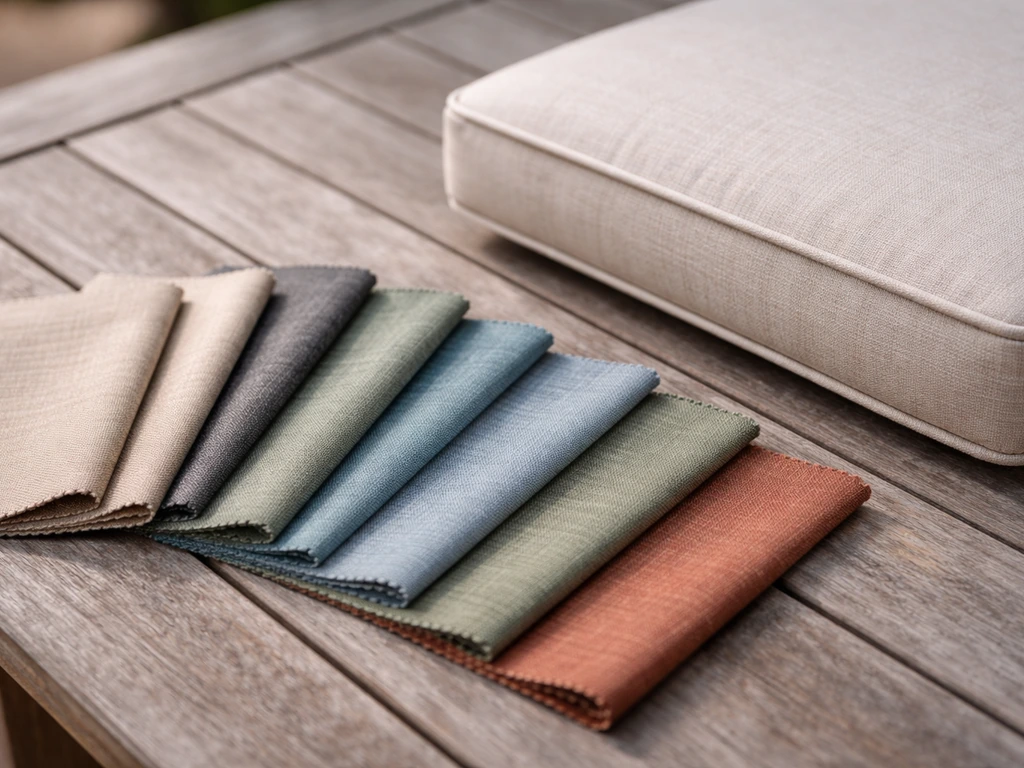 Close-up of solution-dyed outdoor fabric swatches beside a patio chair cushion in natural light.