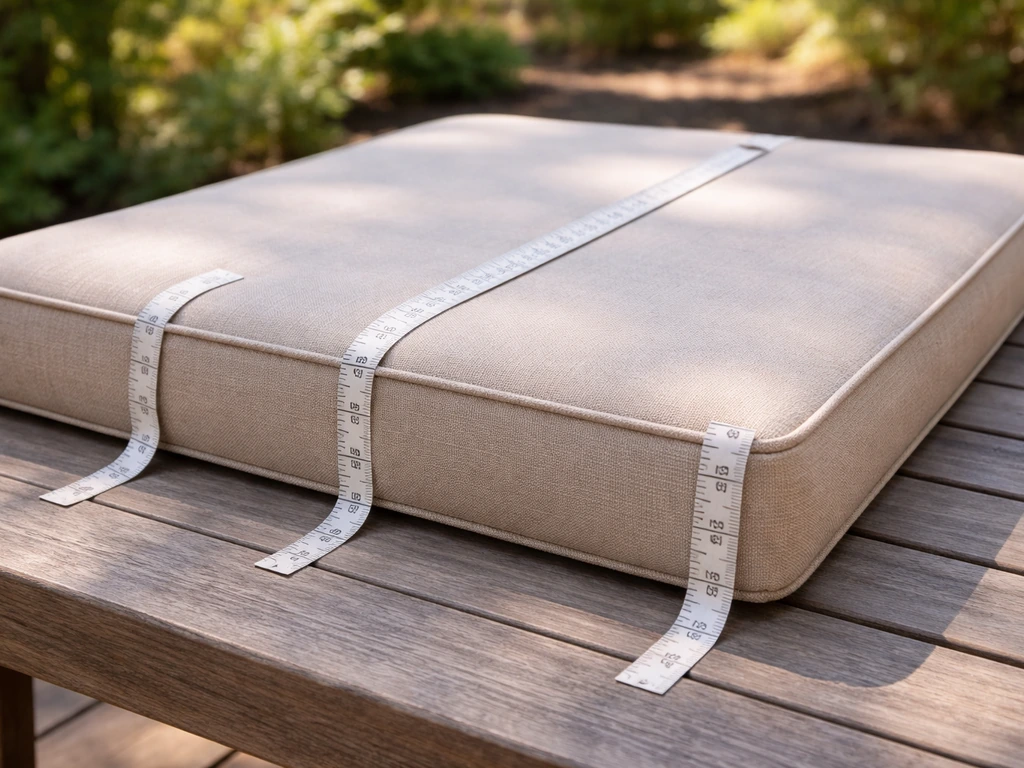 Measuring tape laid across a patio cushion showing three measurements for accurate cutting.