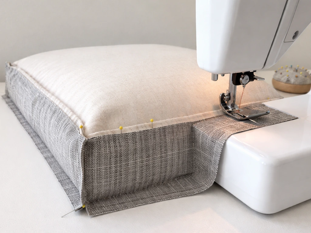 Pinned fabric panels are stitched on a sewing machine to form a cushion cover around a cushion form.